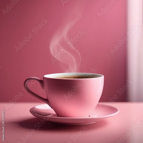 AI generated illustration of a steaming cup of coffee on a pink table