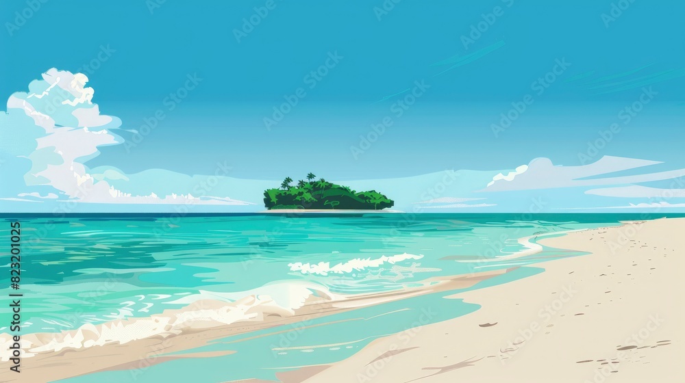 A Beach With Turquoise Water And A Small Island Visible In The Distance, Cartoon ,Flat color