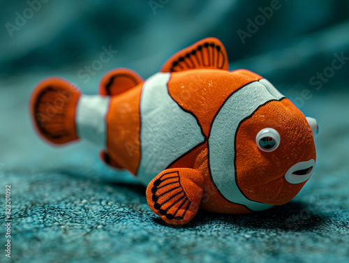 Cute and kawaii squishy clown fish plush toy. It is smiling and has beautiful eyes. 