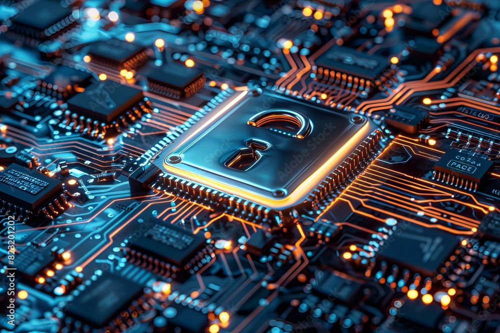 Circuit board with padlock close up Circuit board with padlock close up