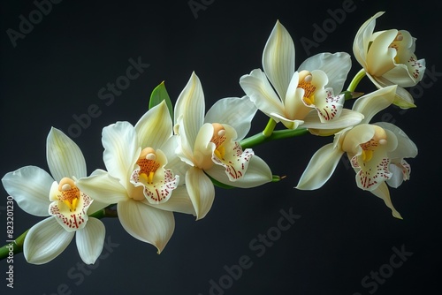 Three white flowers with red spots on them