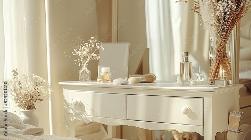 A bottle of perfume stands on a white dressing table with a mirror in the bedroom in beige shades. Generative AI.