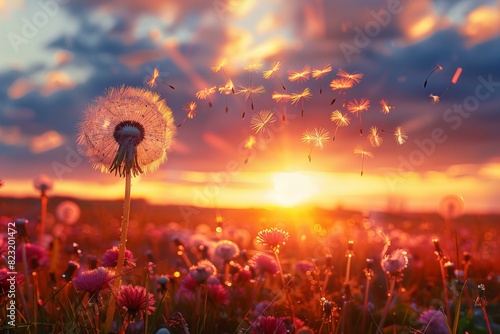 Dandelion field at sunset photo