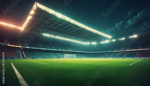 soccer stadium with illumination, green grass and night sky.