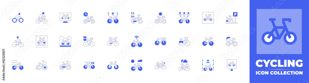 Cycling icon collection. Duotone style line stroke and bold. Vector illustration. Containing bike, bicycle, bicycleparking, bikelane, deliverybike, cycling, parking, bikerental.