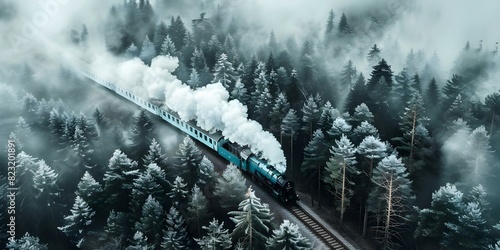 Aerial view of steam train moving through dark forest with fir trees. Concept Aerial Photography, Steam Train, Dark Forest, Fir Trees, Transportation photo