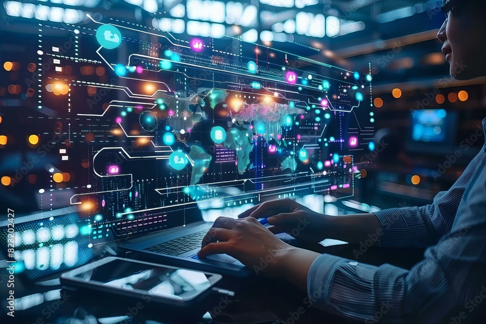 Person using laptop with map on screen Person using laptop with map on screen