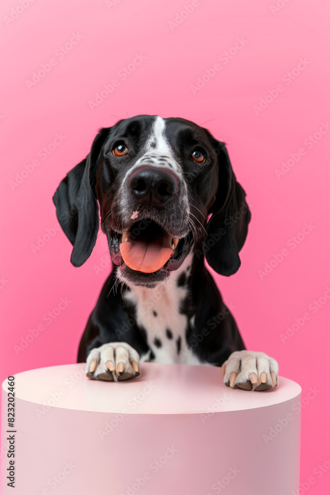 A black and white dog with white spots is standing on a pink pedestal. The dog has its tongue out, is looking at the camera. Concept of playfulness, joy. happy pointer dog sitting behind a pink table A black and white dog with white spots is standing on a pink pedestal. The dog has its tongue out, is looking at the camera. Concept of playfulness, joy. happy pointer dog sitting behind a pink table