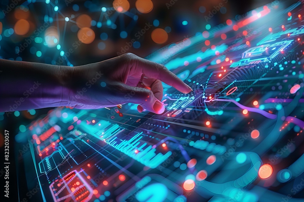 Person pressing button on computer screen with bright lights Person pressing button on computer screen with bright lights