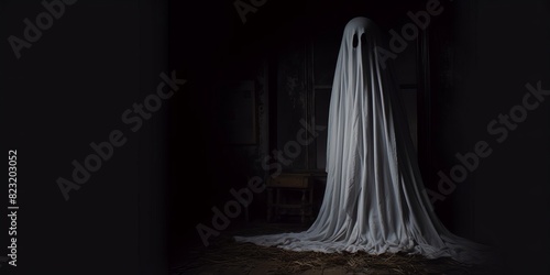 Ghost in white sheet over dark background. Haunted house