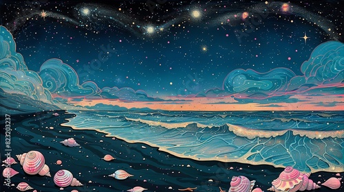 Wallpaper Illustration  Black Beach with Pink Seashells  A detailed drawing of a black sand beach littered with cute pink seashells  with a starry sky above adding a space element. Illustration image 