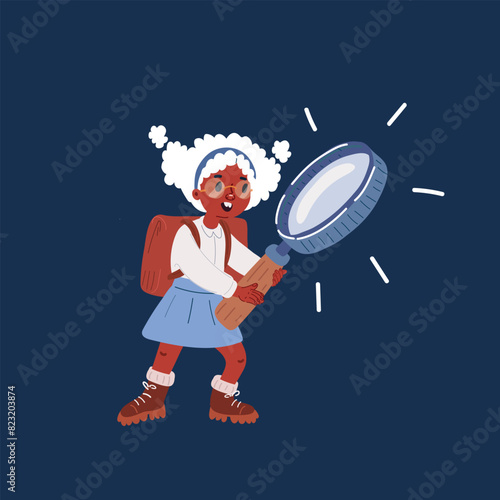 Cartoon vector illustration of little girl peering through a magnifying glass over dark background