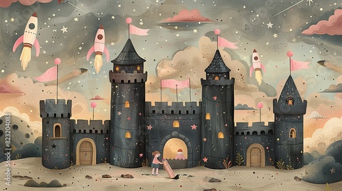 Wallpaper Illustration, Black Sandcastle with Pink Flags: A cute drawing of children building a black sandcastle with pink flags, with a space-themed background featuring rockets and stars. photo