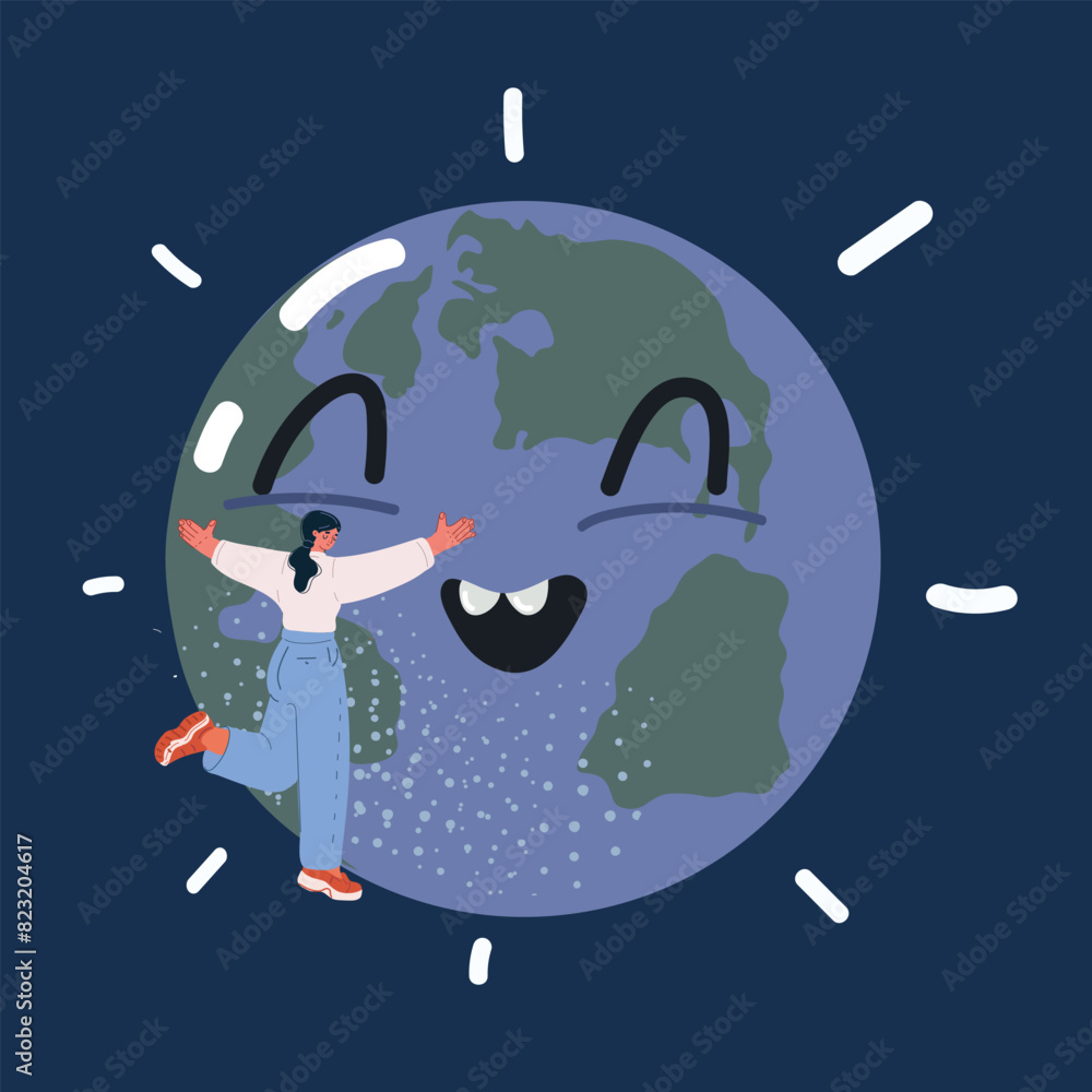 Obraz premium Cartoon vector illustration of Earth Day.Girl holding in hung Earth globe over dark background