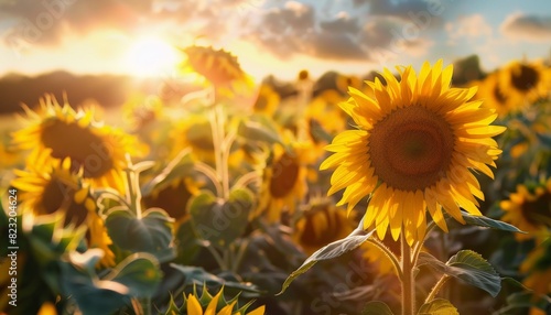 The image shows a field of sunflowers  with the sun setting in the background