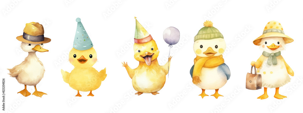 Duck cartoon character watercolor png element set on transparent background Duck cartoon character watercolor png element set on transparent background
