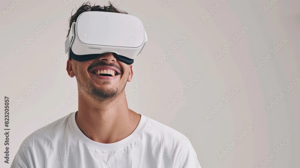 A man smiling while wearing virtual reality glasses on a white background. Generative AI A man smiling while wearing virtual reality glasses on a white background. Generative AI