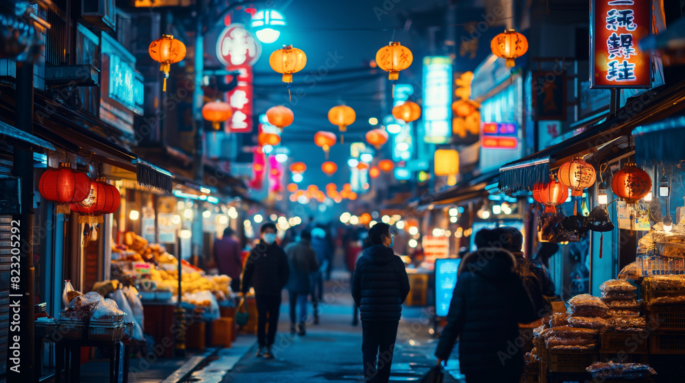 Naklejka premium Night market in an Asian city. 