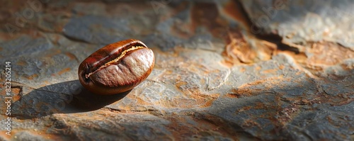 Close-up of a single coffee bean on a textured surface, illuminated by soft natural light creating dramatic shadows.