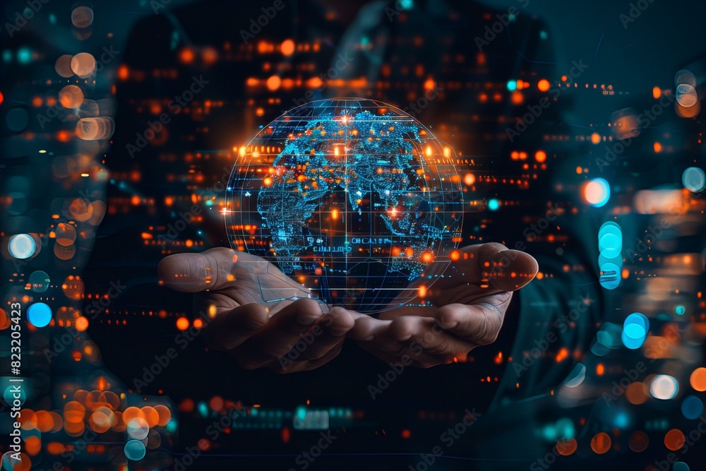 Person holding glowing globe with city background Person holding glowing globe with city background