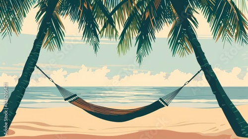 A Beachside Hammock Strung Up Between Two Palm Trees, Offering A Peaceful Retreat, Cartoon ,Flat color