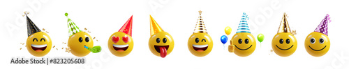 Set of smileys with party hat, isolated on white.	
