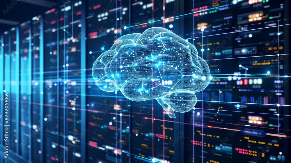 Detailed visualization of a brain network, glowing connections on a futuristic blue background, suited for scientific use. Detailed visualization of a brain network, glowing connections on a futuristic blue background, suited for scientific use.