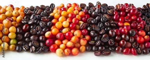 Colorful coffee beans in various stages of ripeness, from green to dark brown, arranged in rows on a white background.