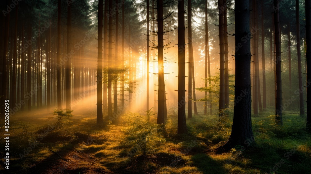 Sunrise casts warm glow over forest. Sunrise casts warm glow over forest.