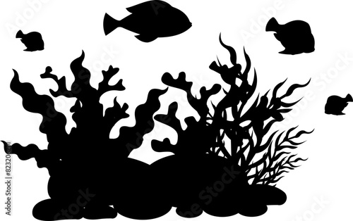 Coral And Seaweed With Fish Silhouette