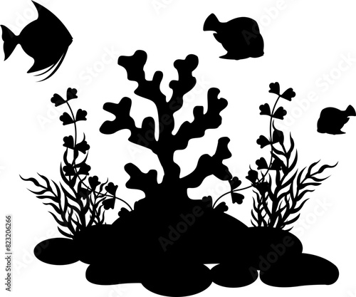 Coral And Seaweed With Fish Silhouette