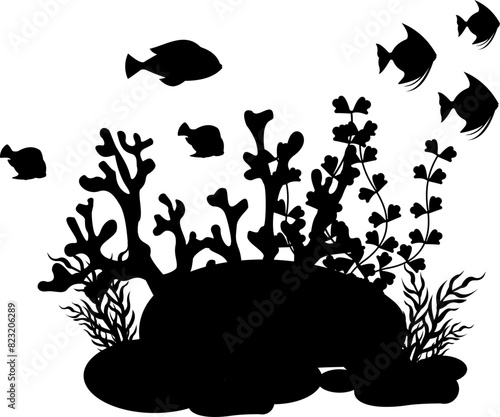 Coral And Seaweed With Fish Silhouette