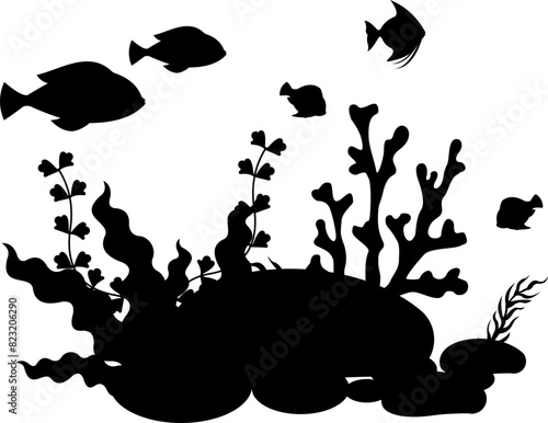 Coral And Seaweed With Fish Silhouette