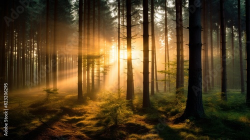 Sunrise casts warm glow over forest.