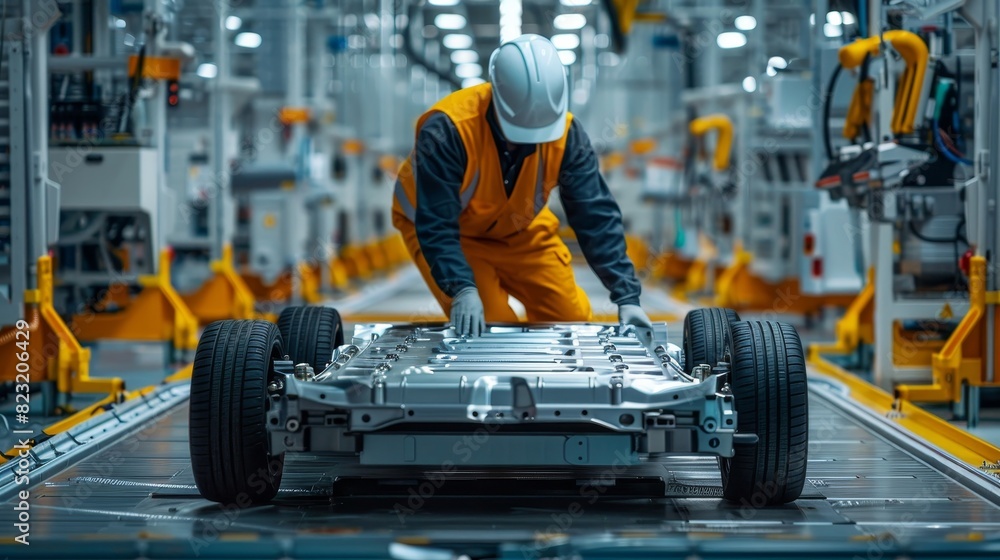 Fototapeta premium A man in a yellow and orange safety vest is working on a car