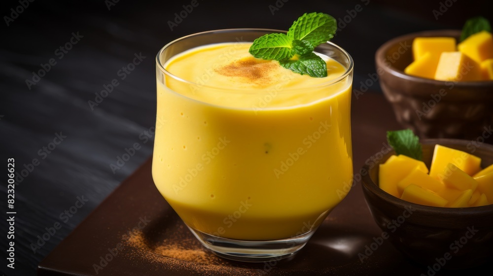 Creamy and indulgent mango lassi, close-up view Creamy and indulgent mango lassi, close-up view