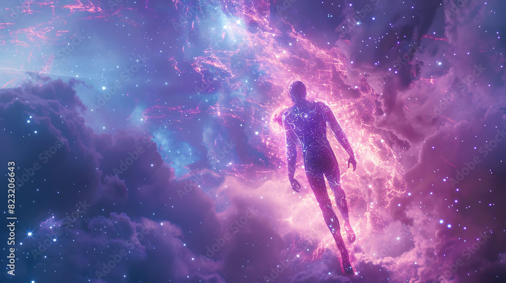 Futuristic man in a helmet, gazing at the cosmos with a glowing purple backdrop Futuristic man in a helmet, gazing at the cosmos with a glowing purple backdrop