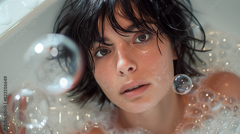 A serene woman relaxes in a bathtub filled with bubbles, surrounded by a cloud of foamy white suds A serene woman relaxes in a bathtub filled with bubbles, surrounded by a cloud of foamy white suds