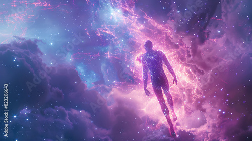 Futuristic man in a helmet, gazing at the cosmos with a glowing purple backdrop