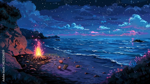 Wallpaper Illustration, Pink and Black Beach Bonfire: A cozy drawing of a bonfire on a black sand beach, with pink flames and cute characters roasting marshmallows under the stars. Illustration image,