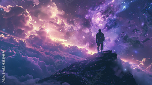 Futuristic man in a helmet, gazing at the cosmos with a glowing purple backdrop photo