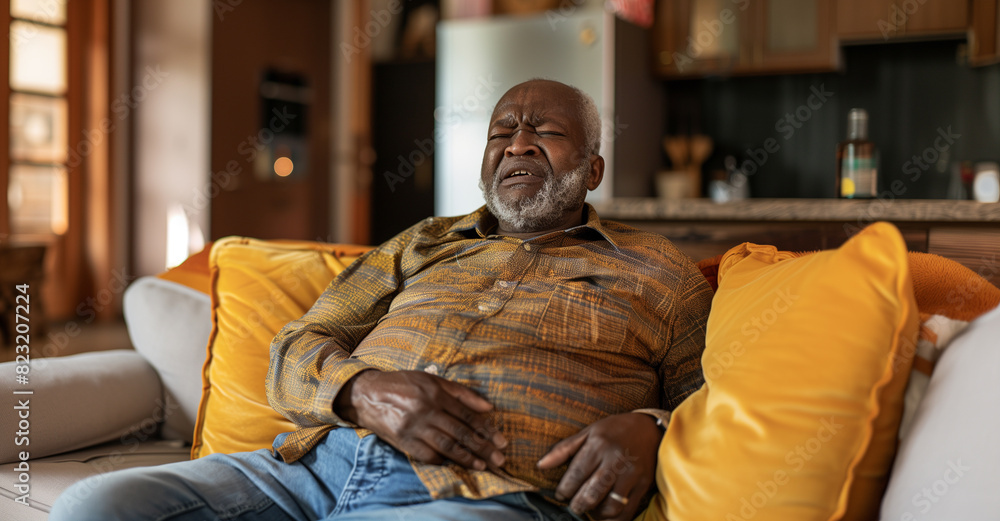 Fototapeta premium An elderly man sits comfortably on a sofa amidst bright yellow pillows in a warmly lit living room, possibly reminiscing or deep in thought