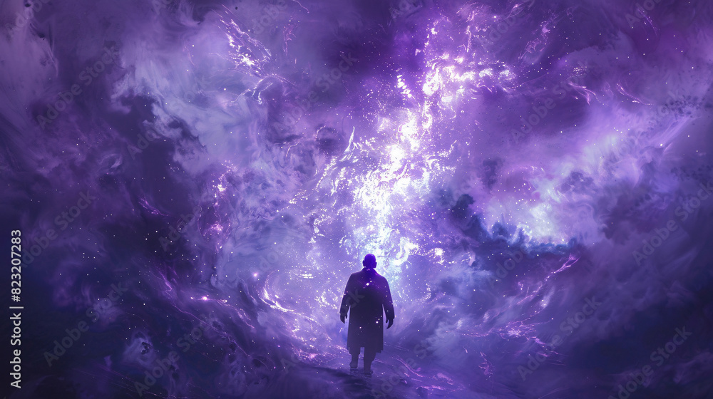 Futuristic man in a helmet, gazing at the cosmos with a glowing purple backdrop Futuristic man in a helmet, gazing at the cosmos with a glowing purple backdrop