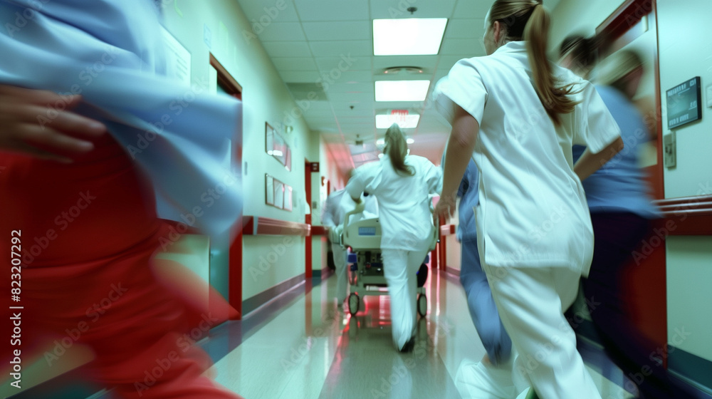 A diverse group of doctors in white coats walk purposefully down a hospital hallway filled with bustling activity, medical equipment, and patients A diverse group of doctors in white coats walk purposefully down a hospital hallway filled with bustling activity, medical equipment, and patients