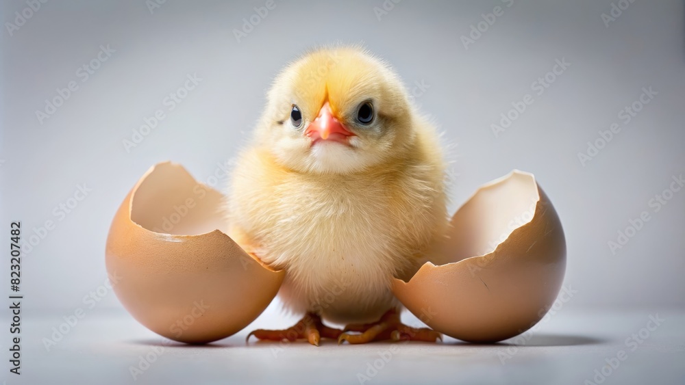 A fluffy yellow chick sits between two cracked eggshells, looking at the camera with a curious expression. A fluffy yellow chick sits between two cracked eggshells, looking at the camera with a curious expression.
