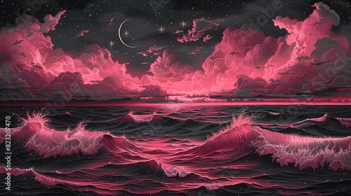 Wallpaper Illustration, Pink and Black Ocean Night Scene: A serene illustration of a black ocean with pink waves, under a sky filled with stars and a crescent moon. Illustration image,