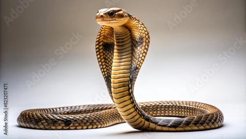 A cobra with its hood raised, showcasing its scales and patterns. The snake is in a defensive posture. photo