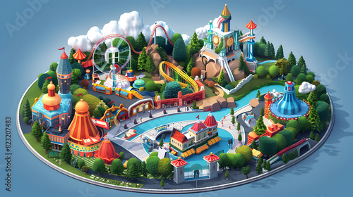 3D model of a theme park on a blue background. photo