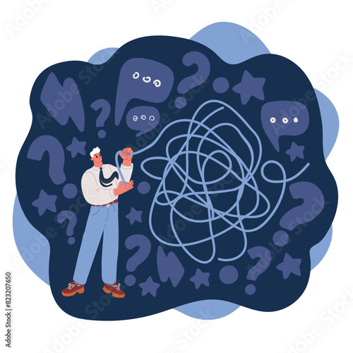 Cartoon vector illustration of Man Unravel the Tangle of Problems. He Working on Relationship. Solves problems and unravels the big thread over dark background