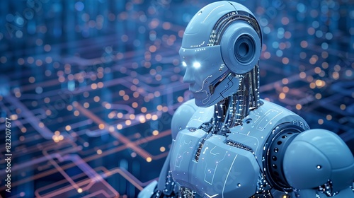 A humanoid robot stands in a futuristic cityscape of glowing circuits, looking towards the horizon.